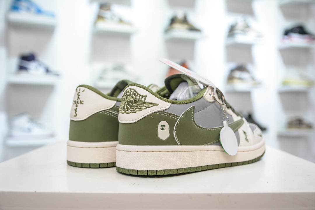 TS x Air Jordan AJ1 Low x BAPE 倒钩低帮联名Bape猿人头定制配色 米白灰绿  BB6511-621