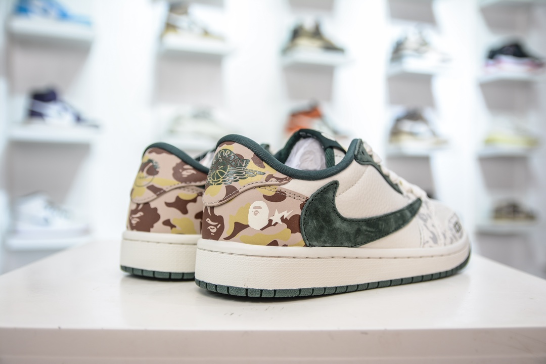 TS x Air Jordan AJ1 Low x BAPE 倒钩低帮联名Bape猿人头定制配色 白绿迷彩 JH6088-614