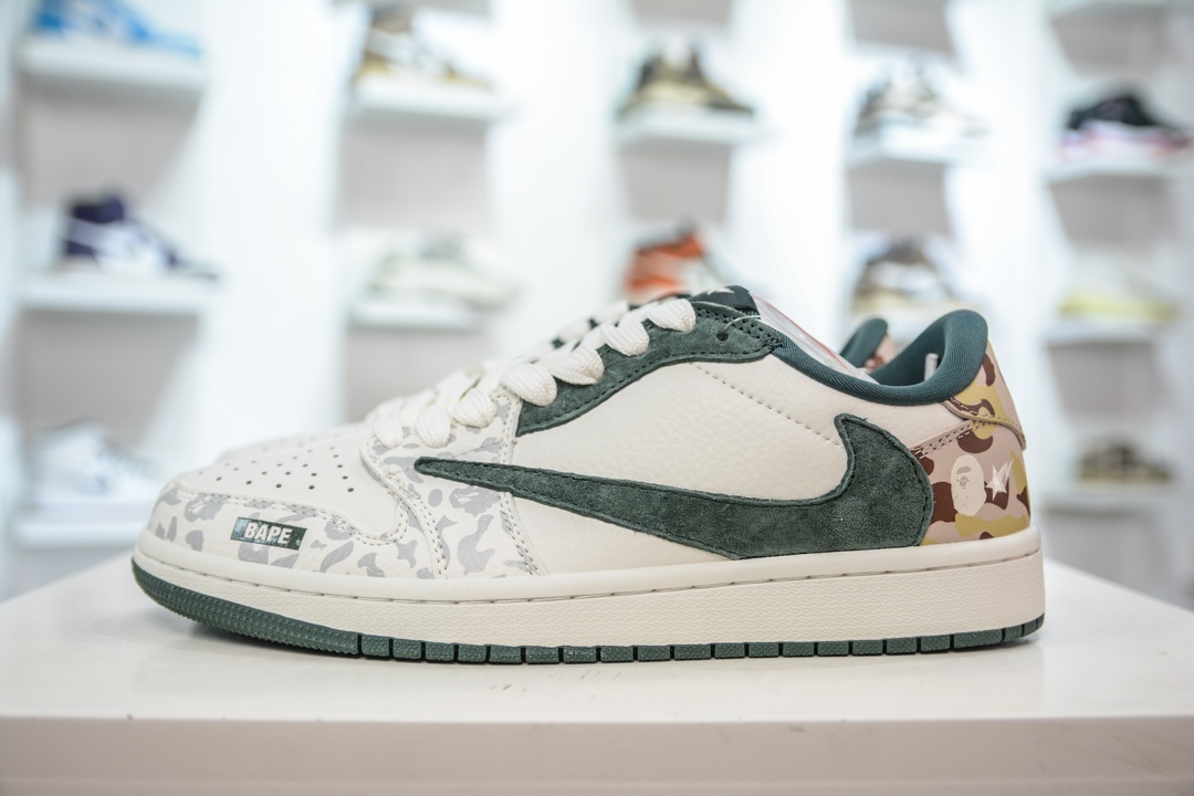 TS x Air Jordan AJ1 Low x BAPE 倒钩低帮联名Bape猿人头定制配色 白绿迷彩 JH6088-614