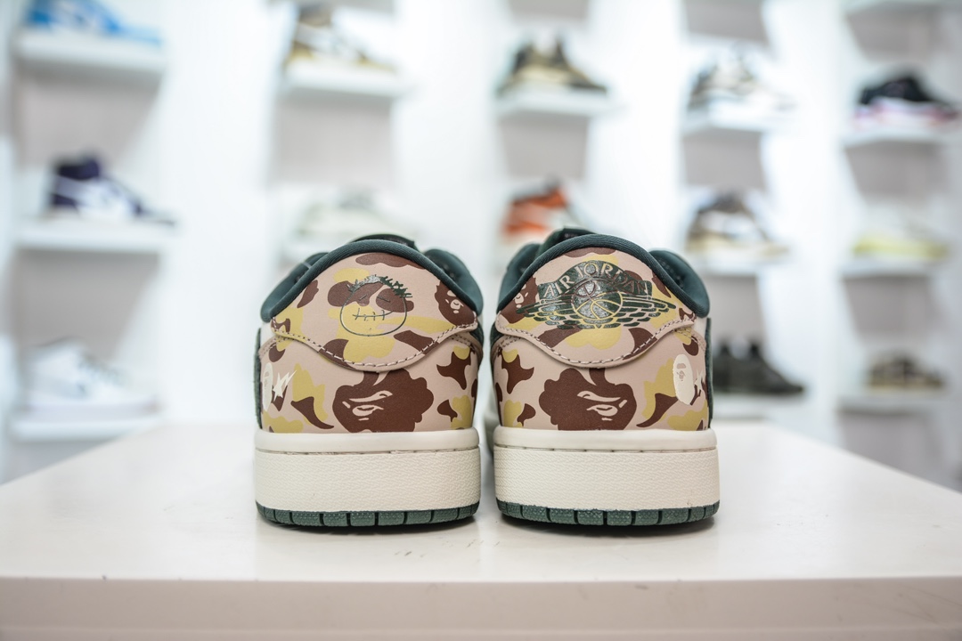 TS x Air Jordan AJ1 Low x BAPE 倒钩低帮联名Bape猿人头定制配色 白绿迷彩 JH6088-614