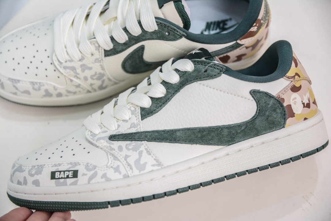 TS x Air Jordan AJ1 Low x BAPE 倒钩低帮联名Bape猿人头定制配色 白绿迷彩 JH6088-614