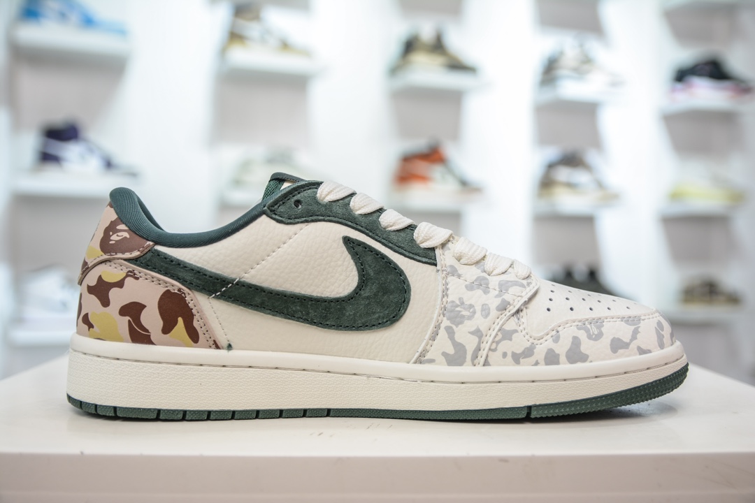 TS x Air Jordan AJ1 Low x BAPE 倒钩低帮联名Bape猿人头定制配色 白绿迷彩 JH6088-614