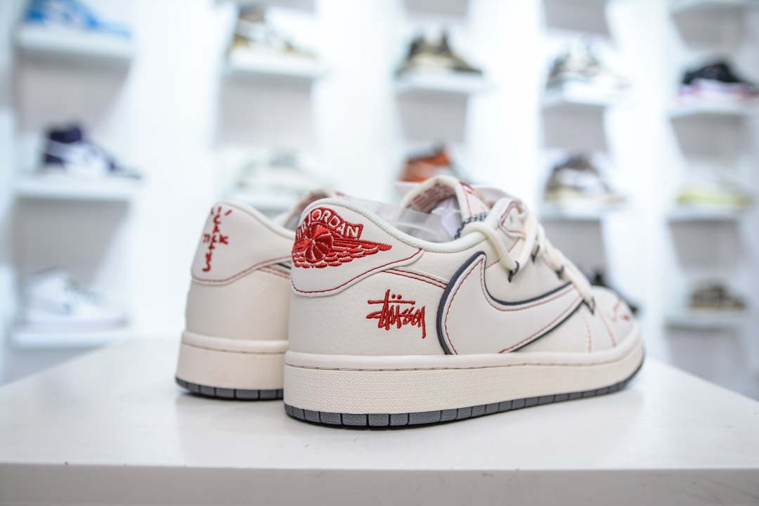 Travis Scott x Nike Air Jordan 1 Low x Stussy 白灰红绑带 SJ0086-136