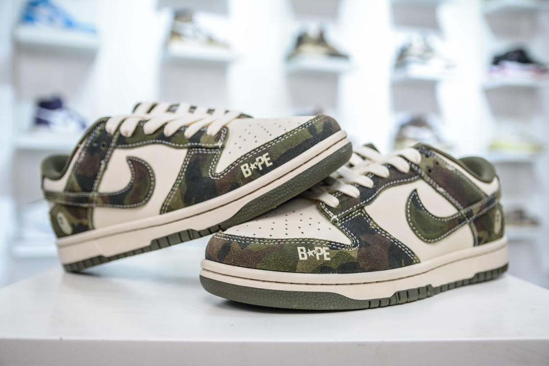 Nike SB Dunk Low x BAPE 猿人头联名-米白迷彩军绿 CH6336-230