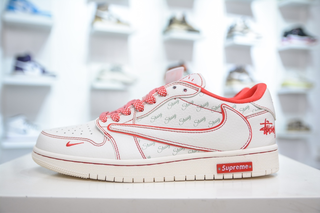 TS x Air Jordan x Supreme x Stussy AJ1 Low 倒钩低帮联名Supreme X 斯图西联名-白红印花 SJ2068-116