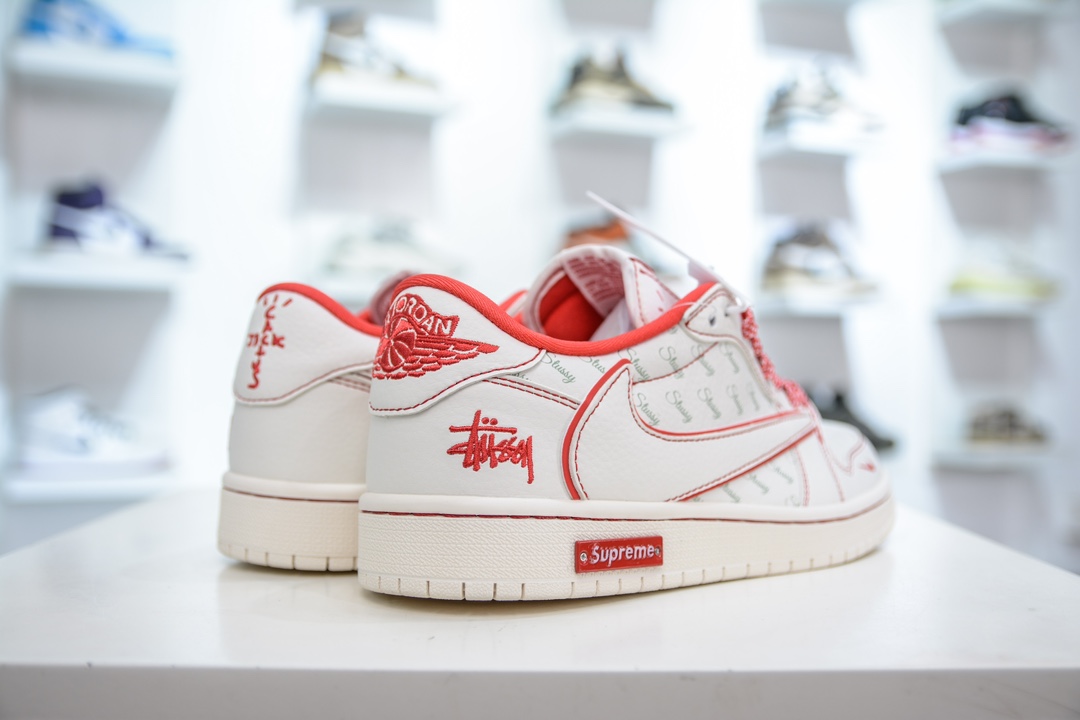 TS x Air Jordan x Supreme x Stussy AJ1 Low 倒钩低帮联名Supreme X 斯图西联名-白红印花 SJ2068-116