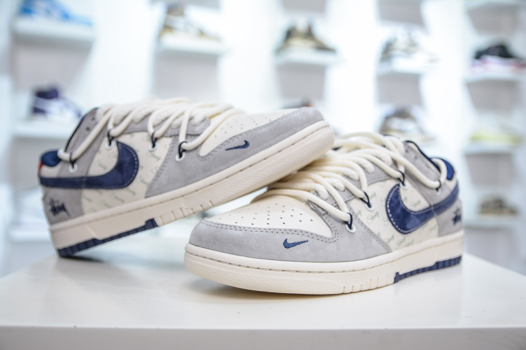 Nike SB Dunk Low X Stussy 斯图西联名-绑带米灰藏蓝勾 SJ2068-308