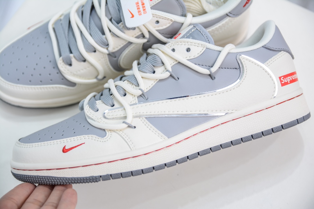 Travis Scott x Nike Air Jordan 1 Low x Supreme SUP联名-米白灰绑带 SJ0086-137