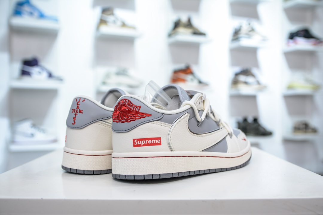 Travis Scott x Nike Air Jordan 1 Low x Supreme SUP联名-米白灰绑带 SJ0086-137