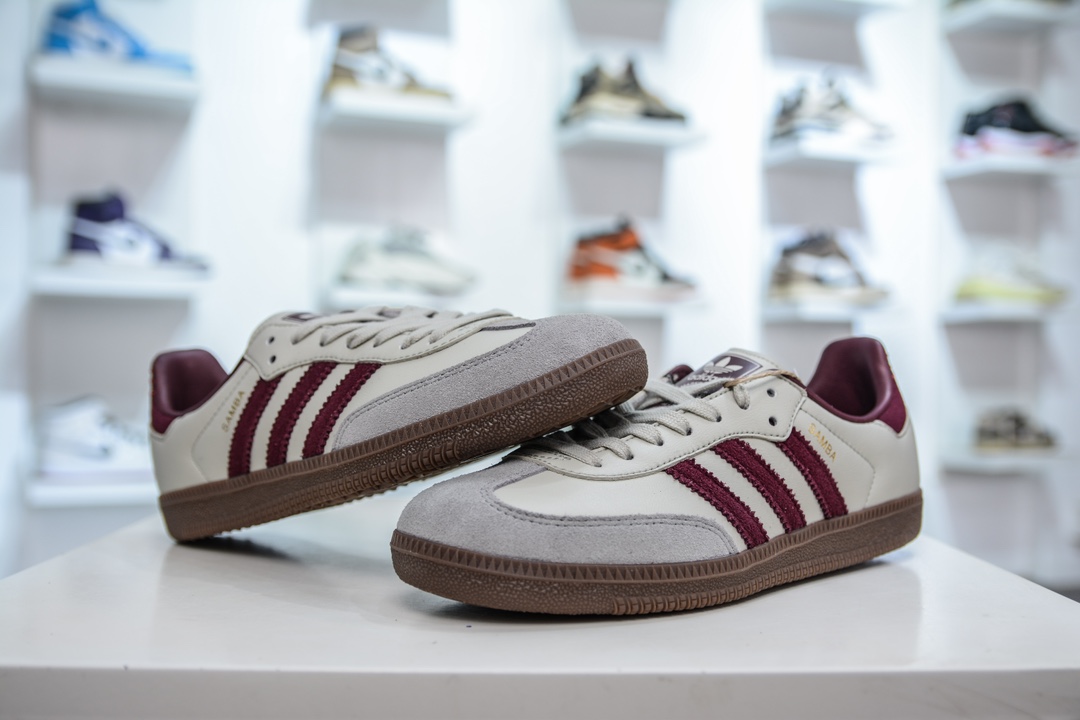 AY纯原 Adidas Originals Samba OG”Putty Grey Maroon”桑巴舞系列绅士德训足球风百搭低帮休闲运动板鞋 ID1482