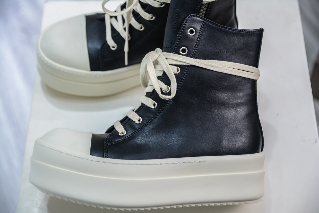 纯原莞产 RO欧文斯Rickowens 主线高帮 经典西瓜头款式“黑色皮面高帮厚底” 水染粒面小牛皮材质,和针车间距都是极致还原 7