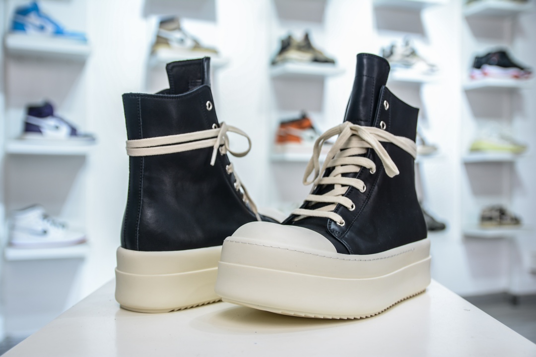 纯原莞产 RO欧文斯Rickowens 主线高帮 经典西瓜头款式“黑色皮面高帮厚底” 水染粒面小牛皮材质,和针车间距都是极致还原 4