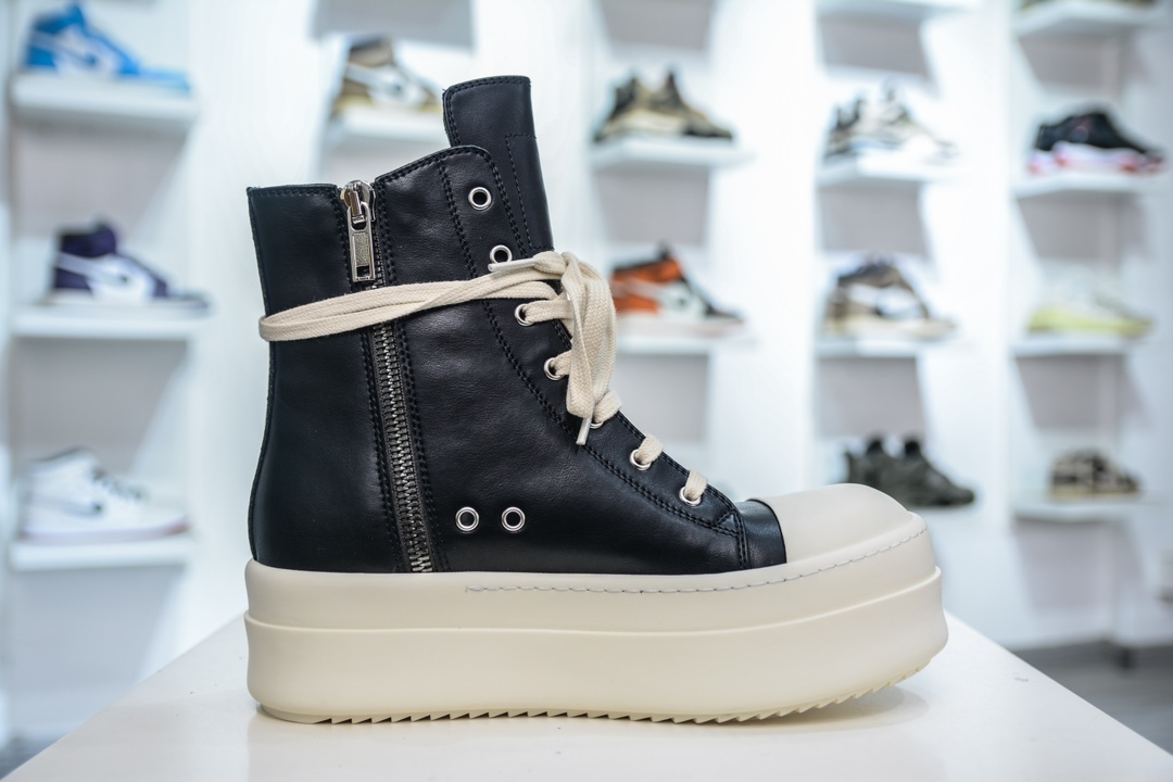 纯原莞产 RO欧文斯Rickowens 主线高帮 经典西瓜头款式“黑色皮面高帮厚底” 水染粒面小牛皮材质,和针车间距都是极致还原 3