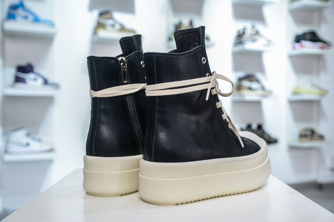 纯原莞产 RO欧文斯Rickowens 主线高帮 经典西瓜头款式“黑色皮面高帮厚底” 水染粒面小牛皮材质,和针车间距都是极致还原 6