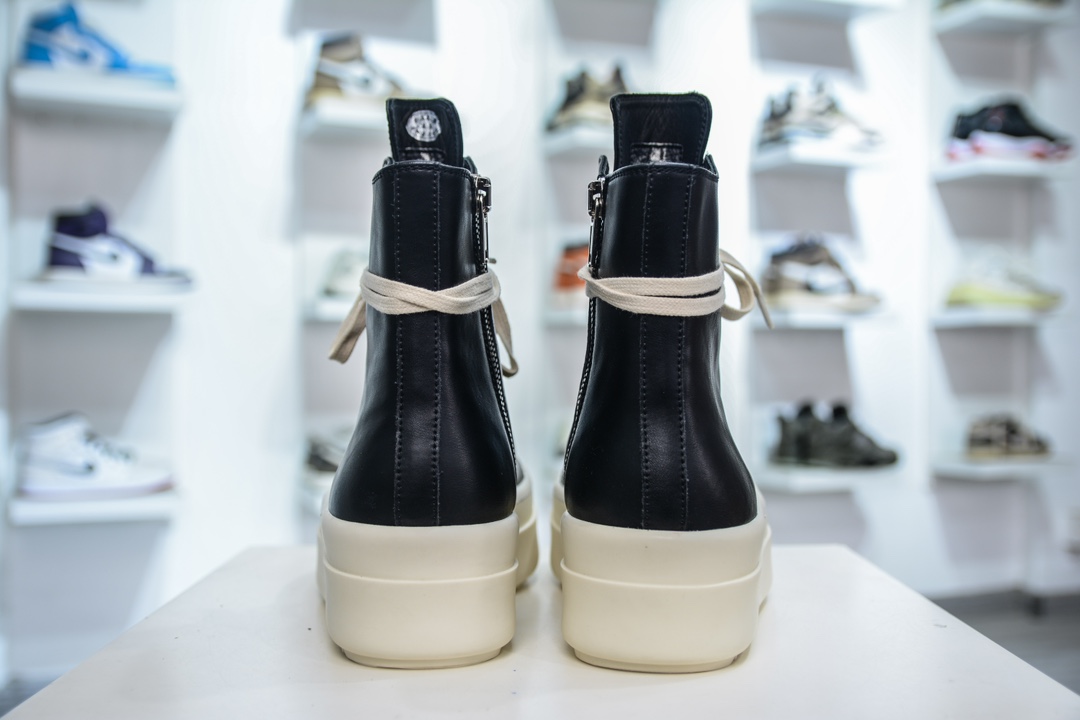 纯原莞产 RO欧文斯Rickowens 主线高帮 经典西瓜头款式“黑色皮面高帮厚底” 水染粒面小牛皮材质,和针车间距都是极致还原 2