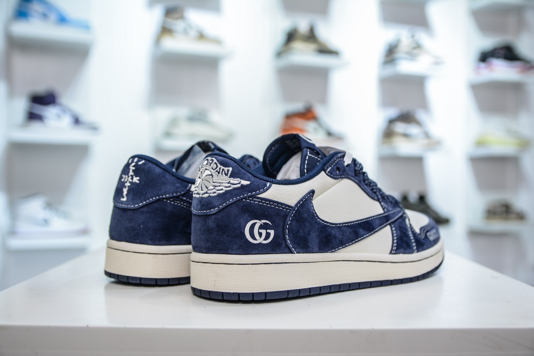 TS x Air Jordan AJ1 Low x GUCCI 古驰联名-米白深蓝 倒钩低帮联名定制配色  XS3086-006