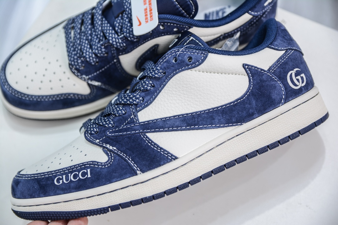 TS x Air Jordan AJ1 Low x GUCCI 古驰联名-米白深蓝 倒钩低帮联名定制配色  XS3086-006