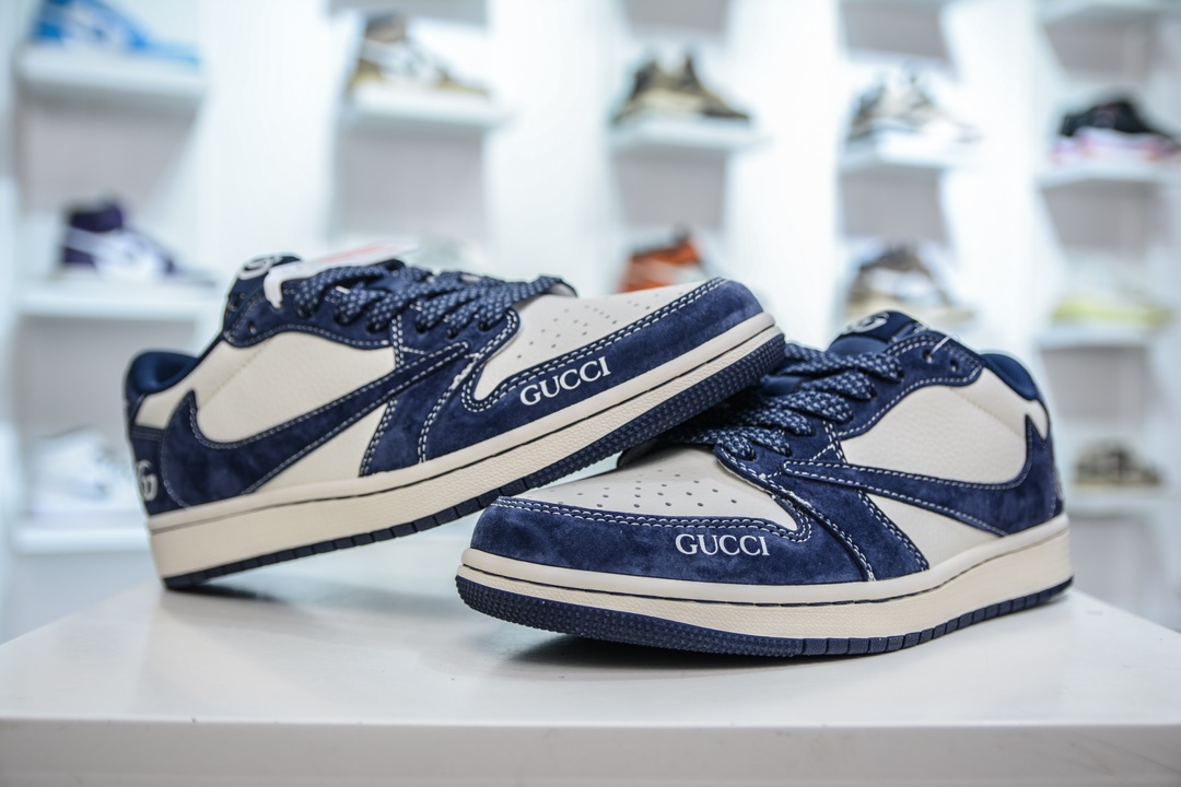 TS x Air Jordan AJ1 Low x GUCCI 古驰联名-米白深蓝 倒钩低帮联名定制配色  XS3086-006