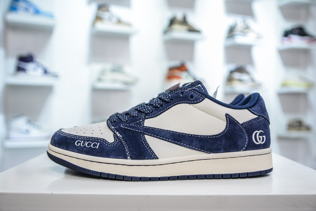 TS x Air Jordan AJ1 Low x GUCCI 古驰联名-米白深蓝 倒钩低帮联名定制配色  XS3086-006