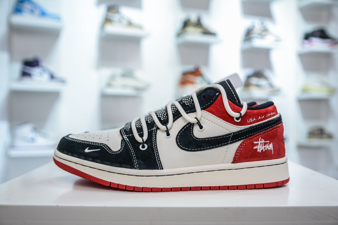 Air Jordan 1 Retro Low x Stussy 斯图西联名-白黑红绑带   SJ9950-048