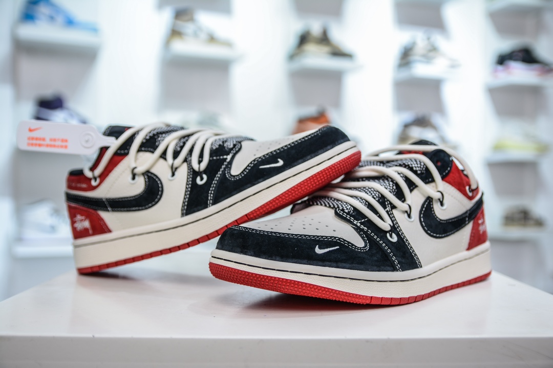 Air Jordan 1 Retro Low x Stussy 斯图西联名-白黑红绑带   SJ9950-048