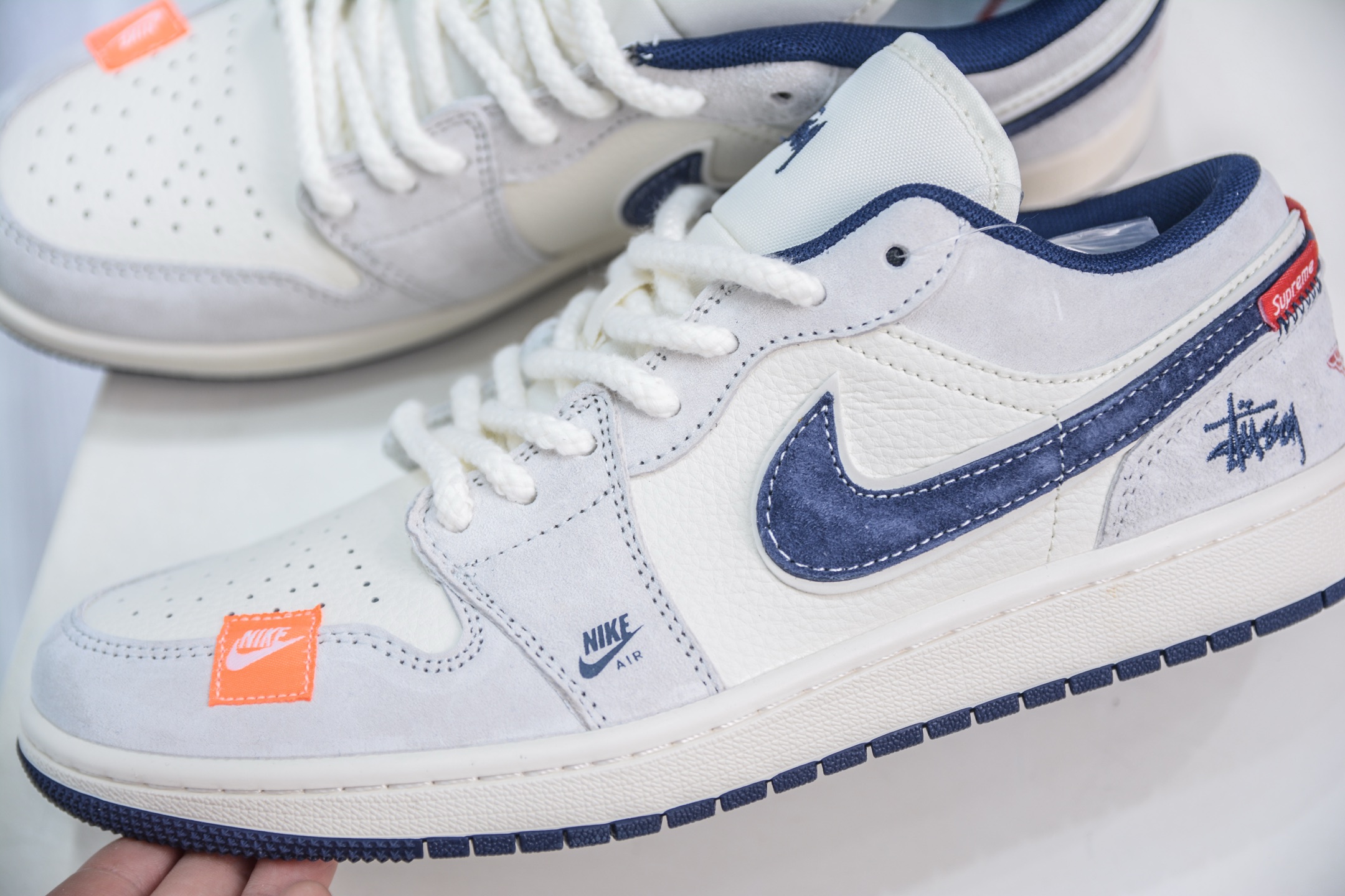 Air Jordan 1 Retro Low x Stussy x Supreme SUP斯图西联名-白灰深蓝勾 YX5066-303