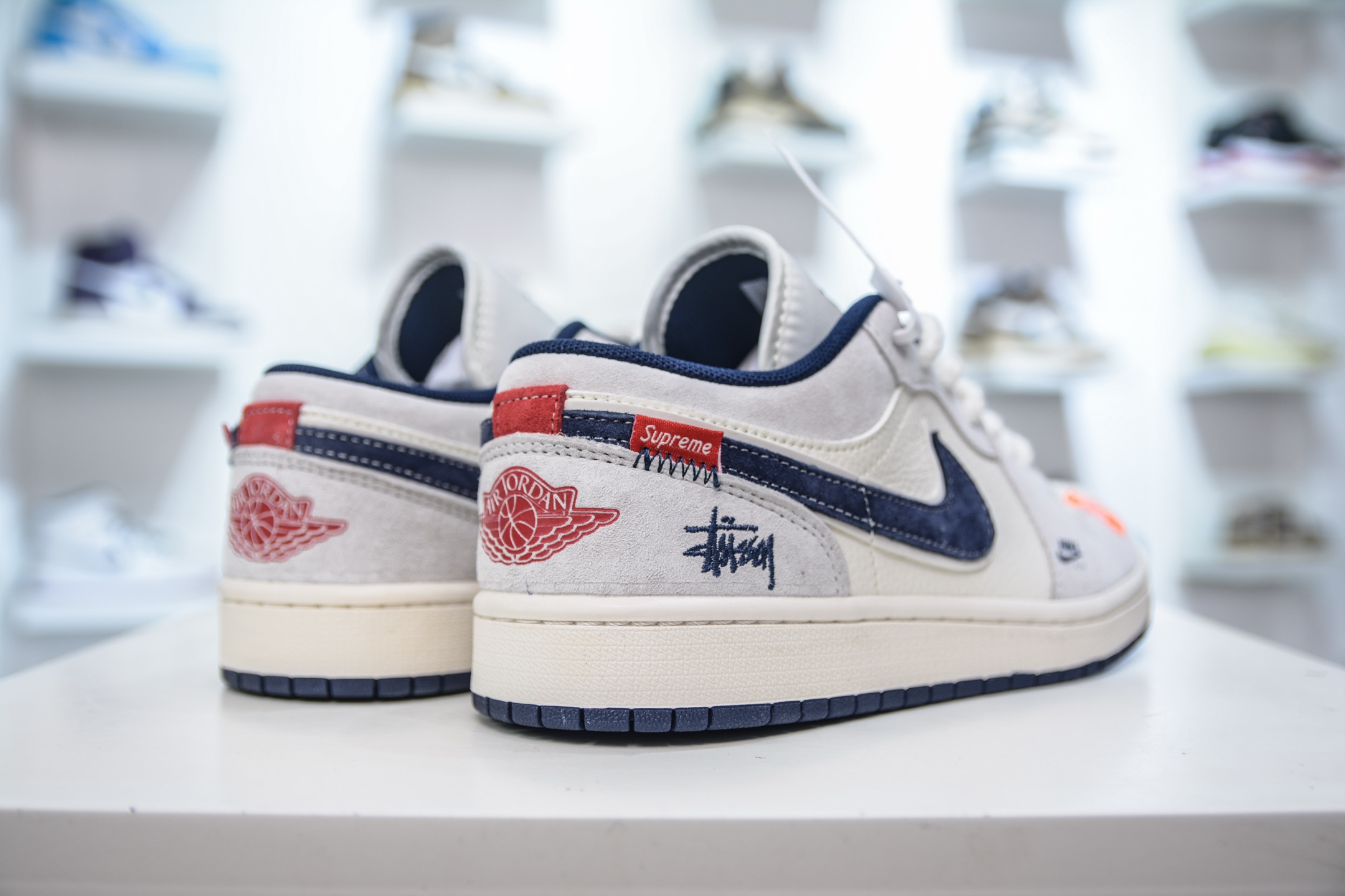 Air Jordan 1 Retro Low x Stussy x Supreme SUP斯图西联名-白灰深蓝勾 YX5066-303