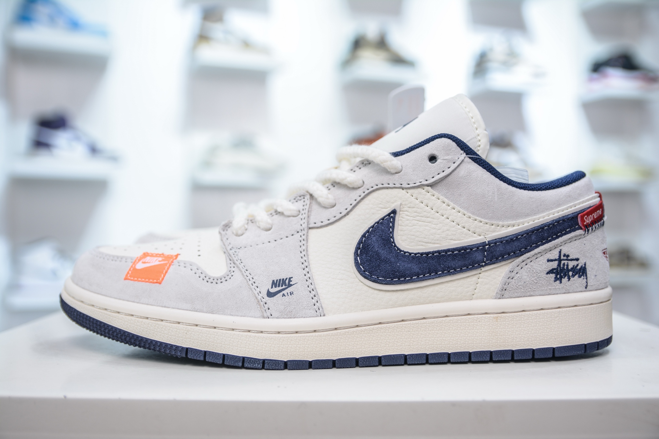 Air Jordan 1 Retro Low x Stussy x Supreme SUP斯图西联名-白灰深蓝勾 YX5066-303