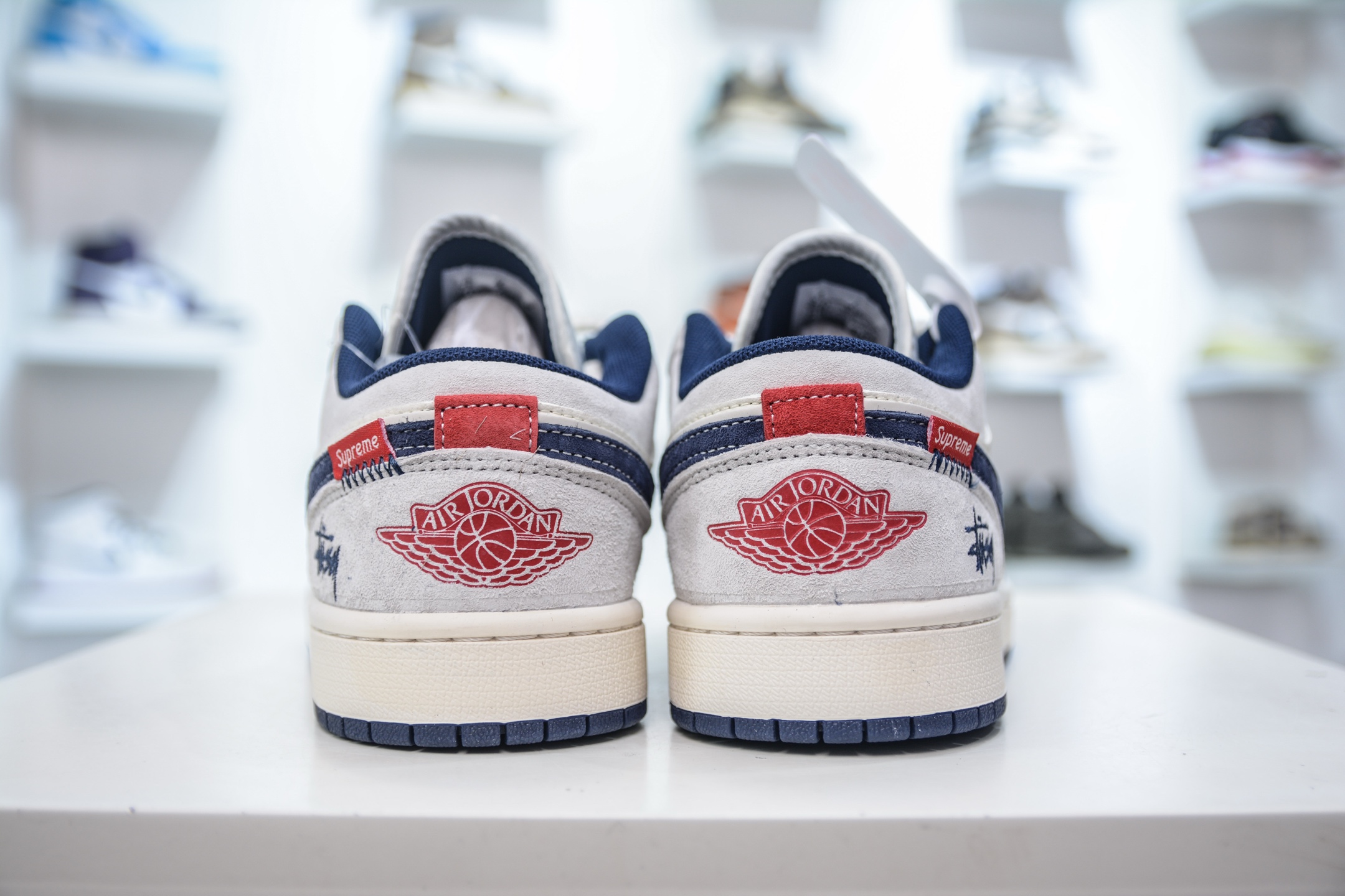 Air Jordan 1 Retro Low x Stussy x Supreme SUP斯图西联名-白灰深蓝勾 YX5066-303