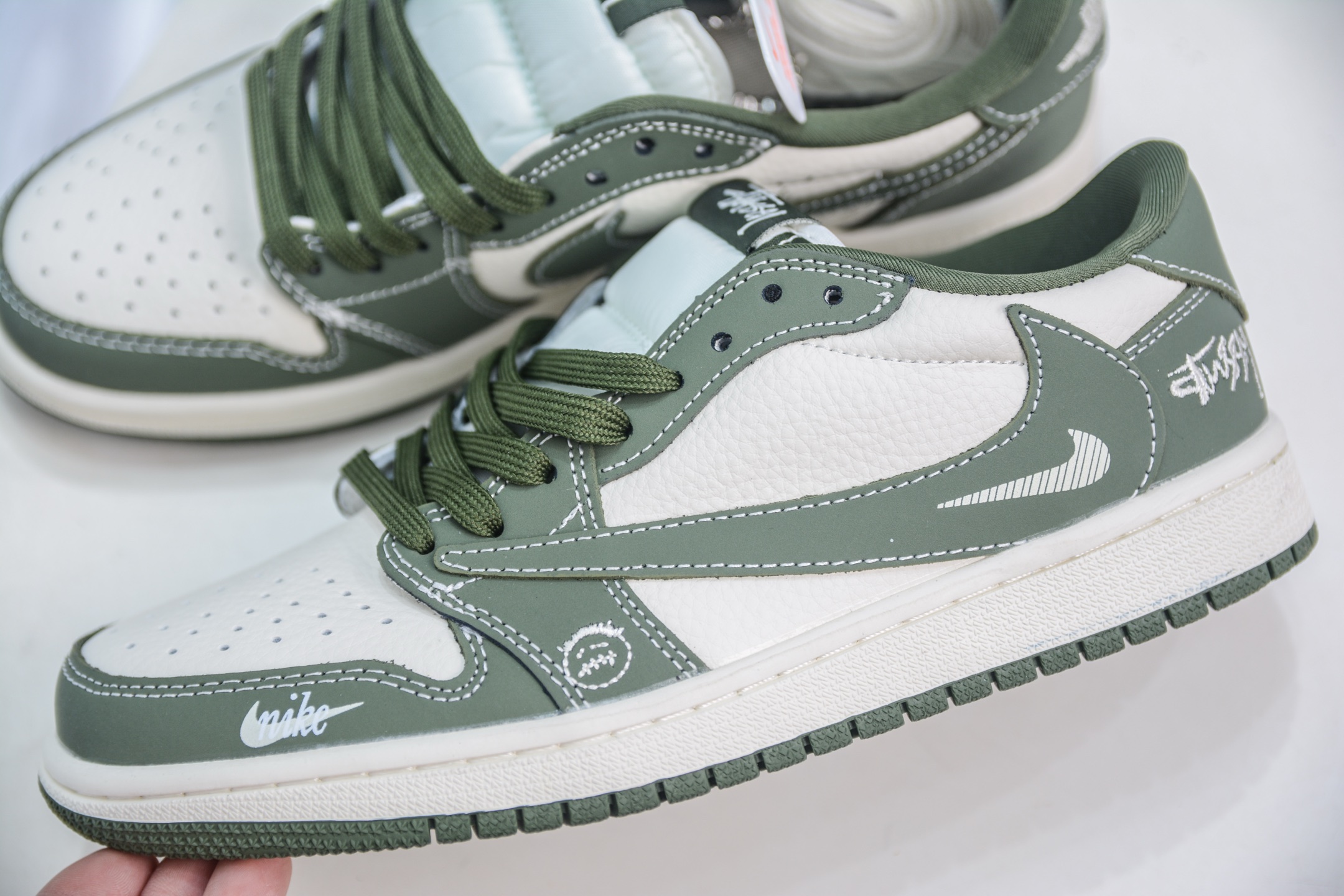 TS x Air Jordan x Stussy AJ1 Low 倒钩低帮联名斯图西-白绿鬼脸 XS2024-025