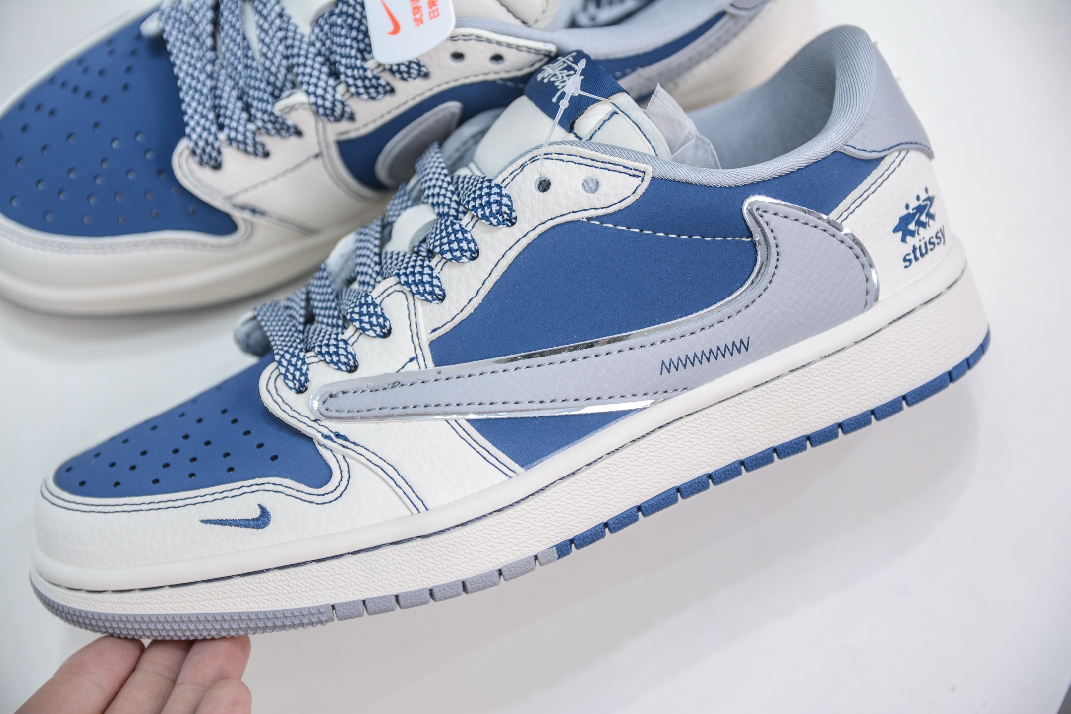 270 TS x Air Jordan x Stussy AJ1 Low 倒钩低帮联名斯图西-白蓝灰勾 ZH2598-245