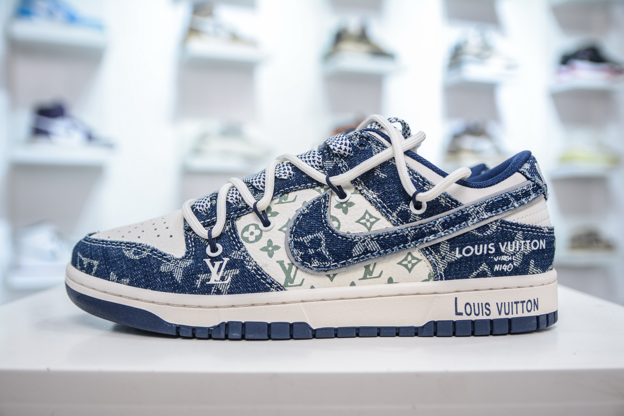 Nike SB Dunk Low x Louis Vuitton White Blue Denim Sneakers