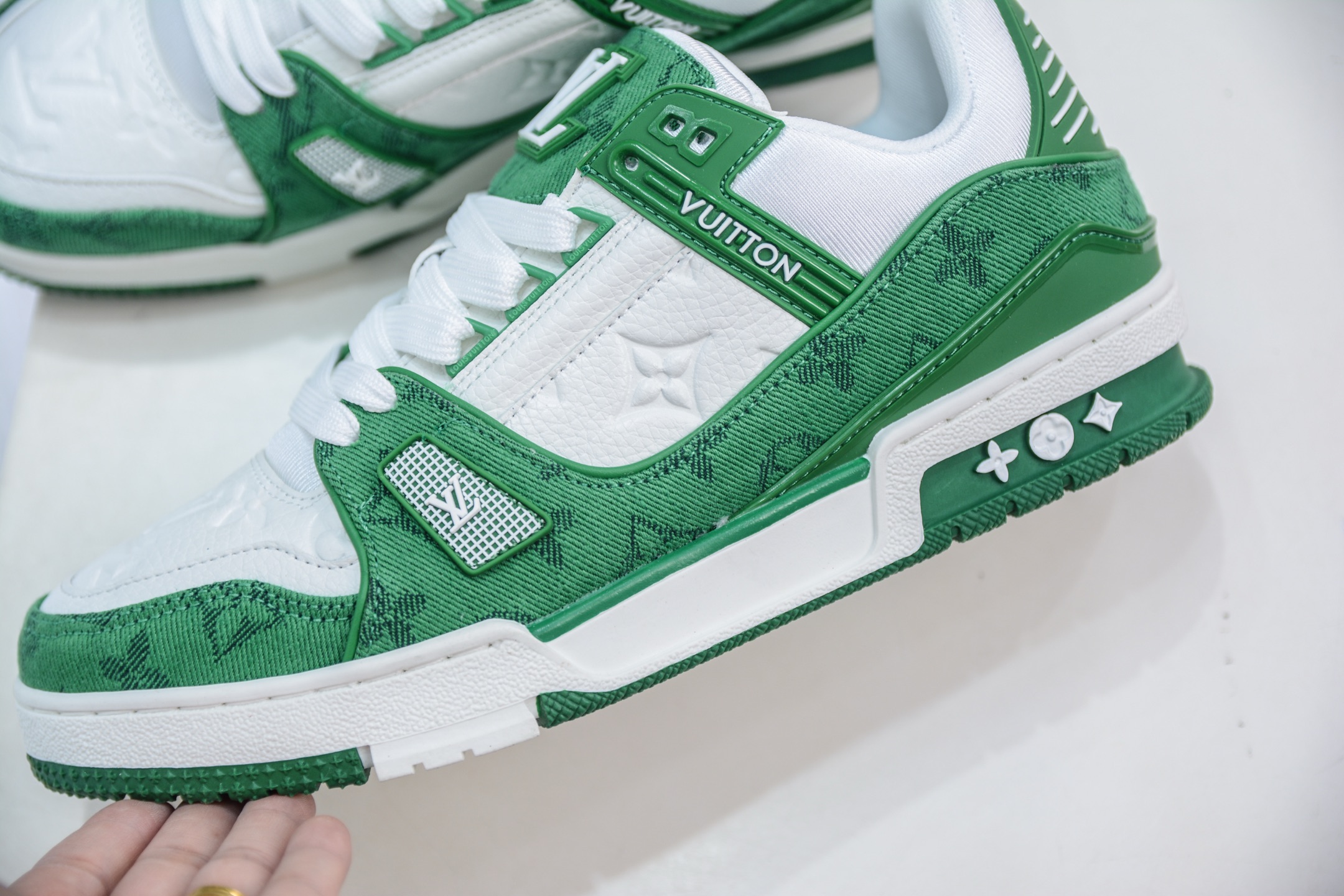 Louis Vuitton Trainer White Green Denim Sneakers - Fashion Show Inspired 8 i1748370179730 8313 0 6