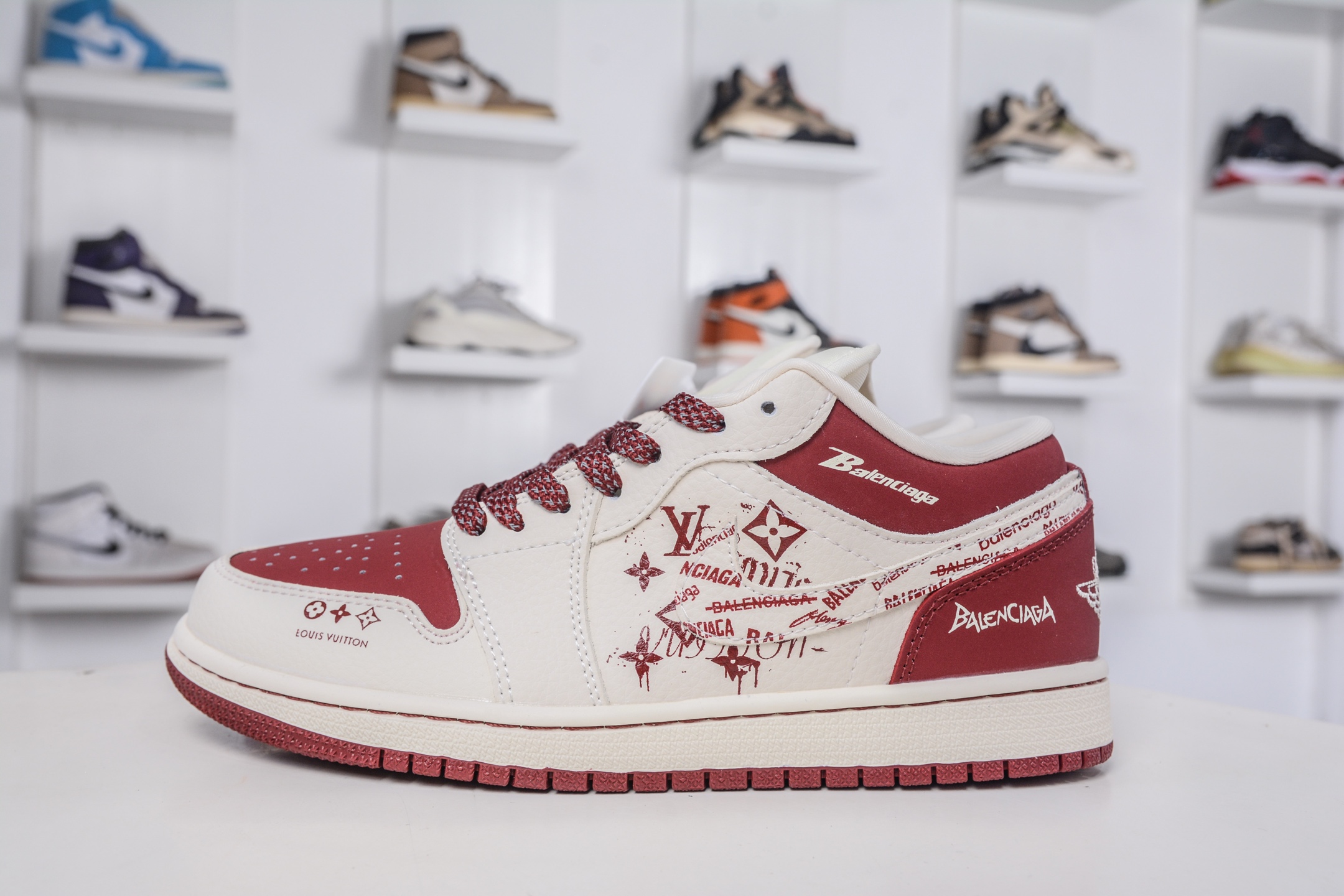 Air Jordan 1 Retro Low Balenciaga Louis Vuitton Custom White Wine Red
