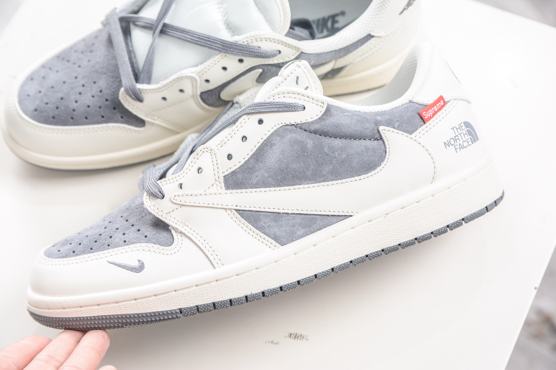 270 The North Face x Supreme x Travis Scott x Air Jordan 1 Low乔丹1代低帮倒钩北面Sup联名-米白灰 DM7866-126