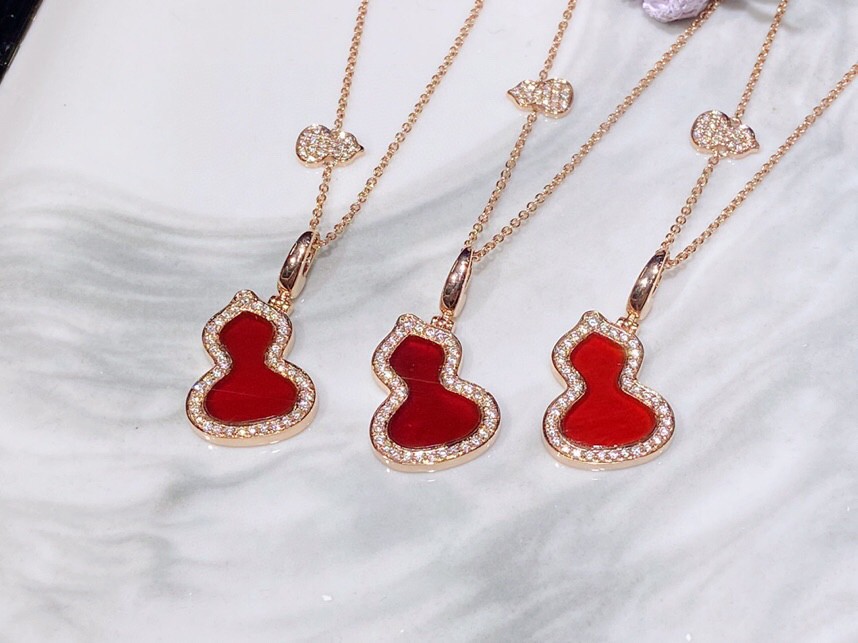 Rose Gold Red Agate Gourd Necklace with Diamond Accents,Double Layer