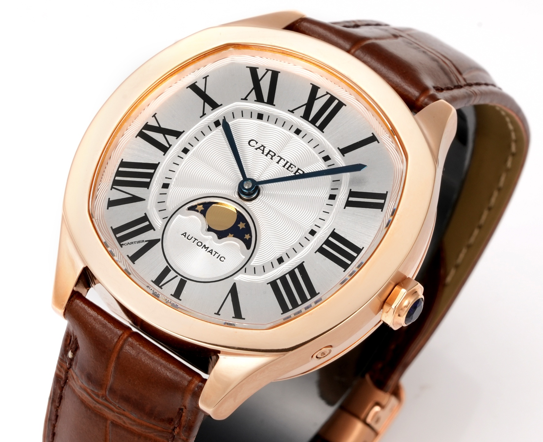 Cartier Drive de Cartier Moon Phases rose gold case, silver dial, brown leather strap 40mm Men's Automatic