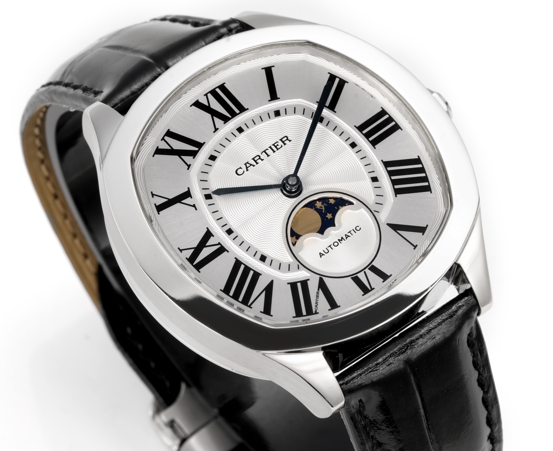 Cartier Drive de Cartier Moon Phases stainless steel case, silver dial, black leather strap 40mm Men's Automatic