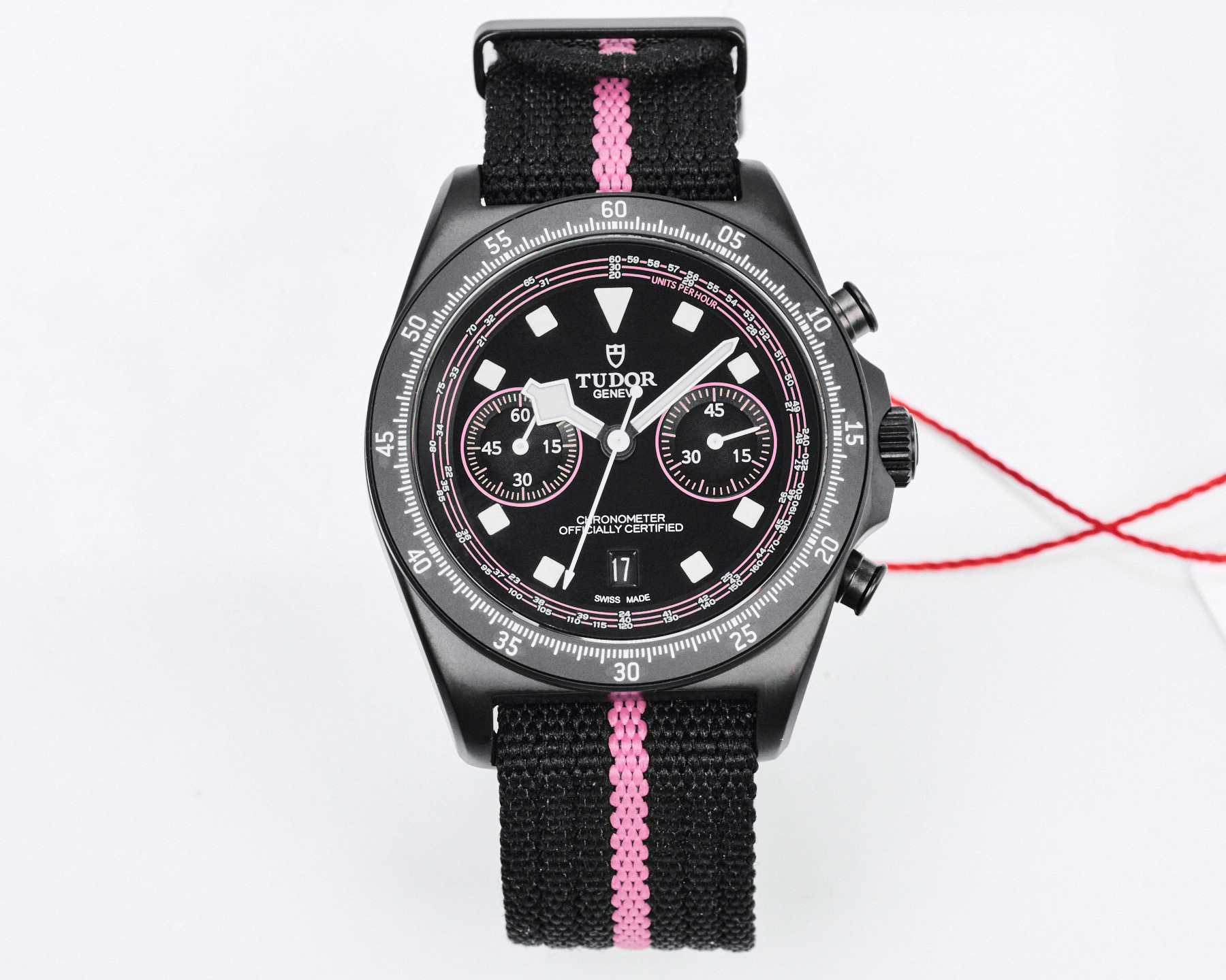 Tudor Black Bay Chrono black case, black bezel, black dial, black fabric strap with pink accent 41mm Men's Automatic