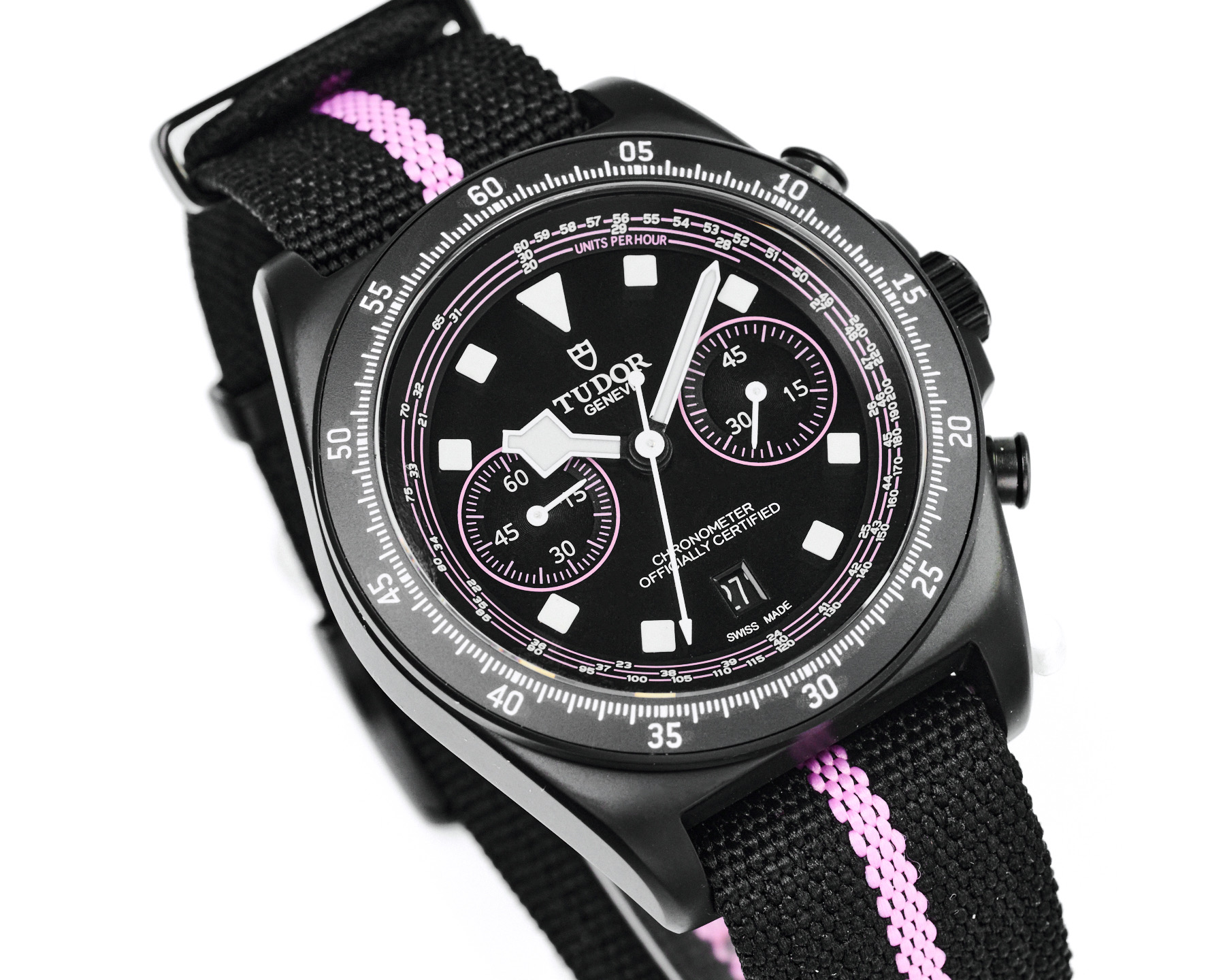Tudor Black Bay Chrono black case, black bezel, black dial, black fabric strap with pink accent 41mm Men's Automatic