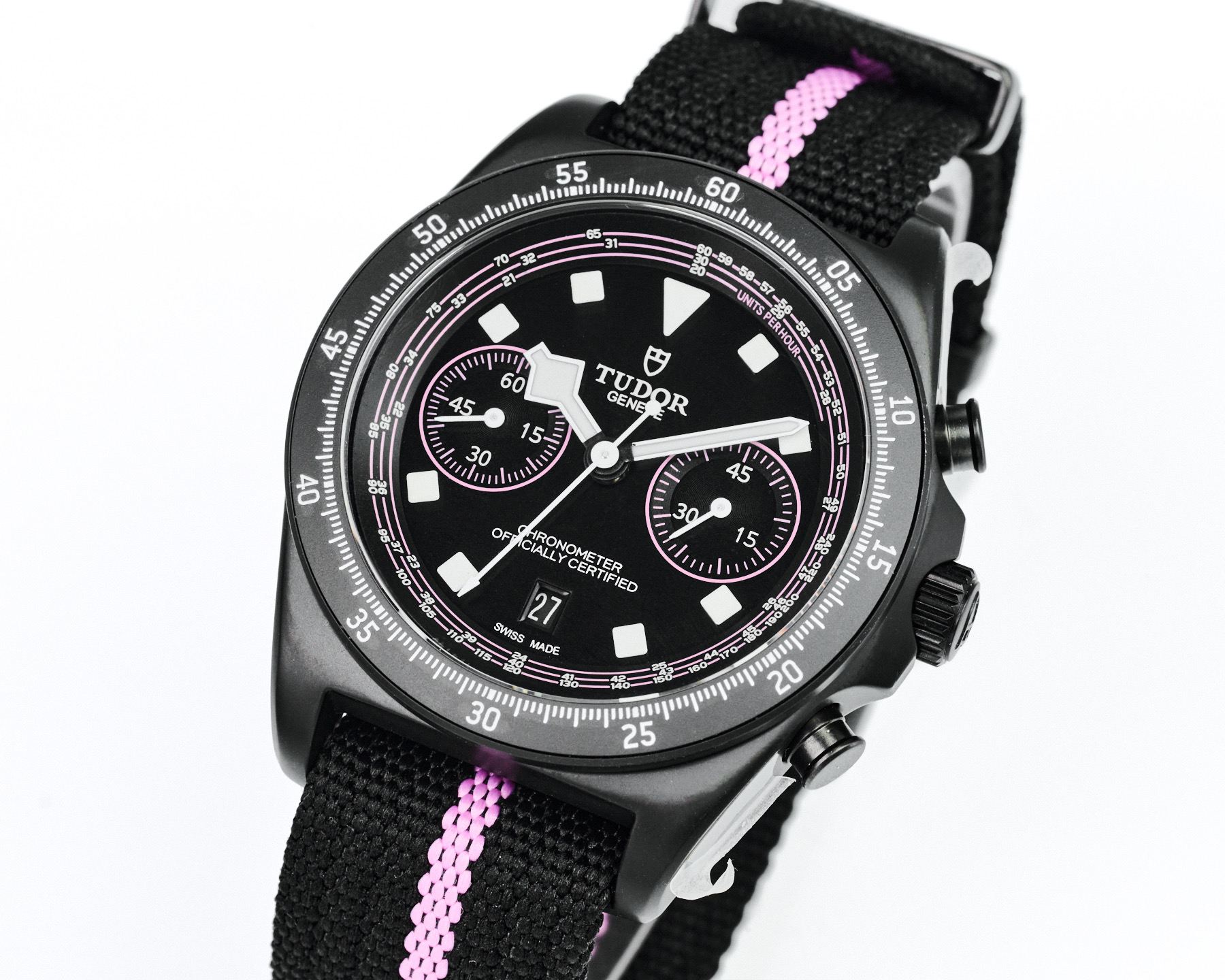 Tudor Black Bay Chrono black case, black bezel, black dial, black fabric strap with pink accent 41mm Men's Automatic
