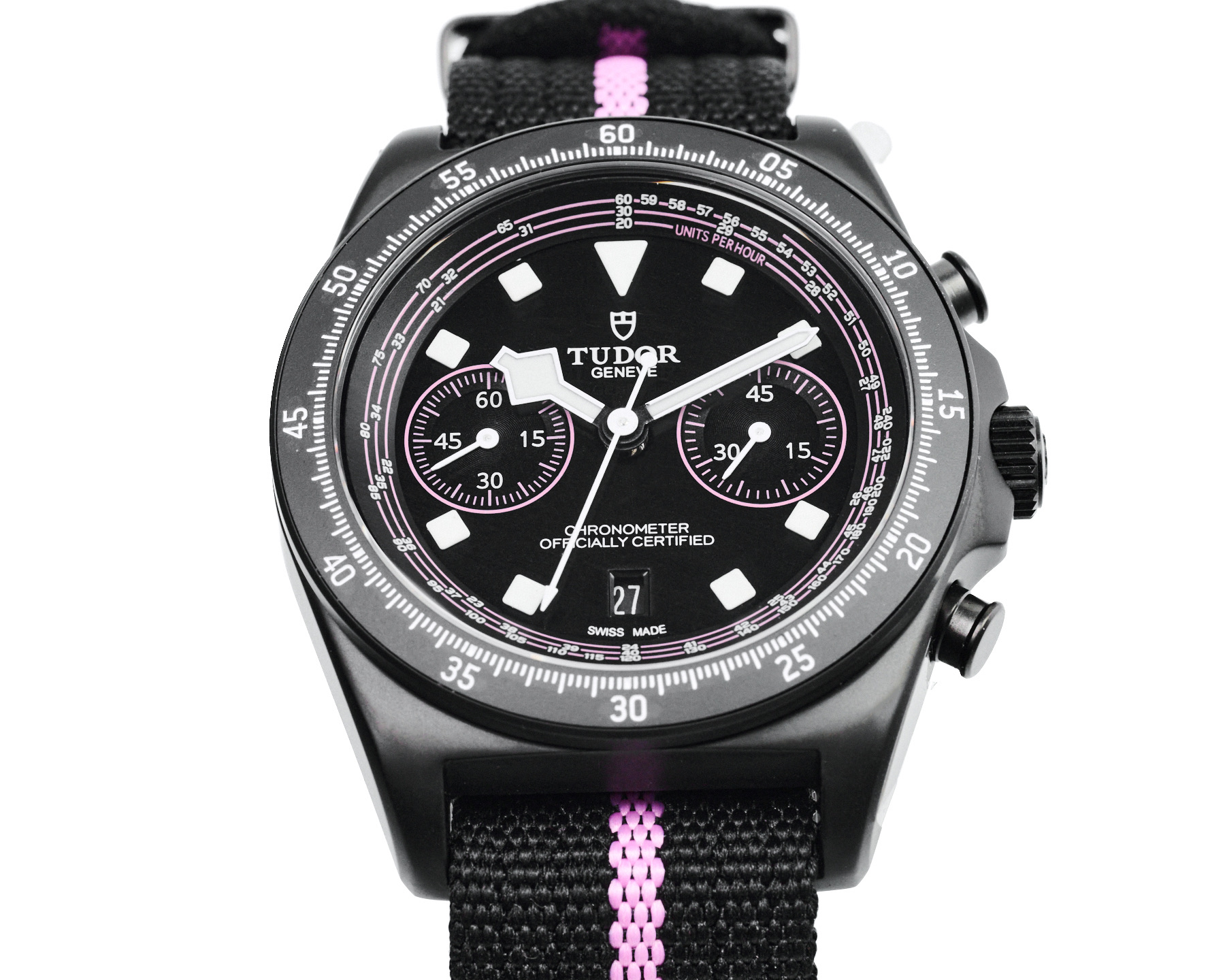 Tudor Black Bay Chrono black case, black bezel, black dial, black fabric strap with pink accent 41mm Men's Automatic
