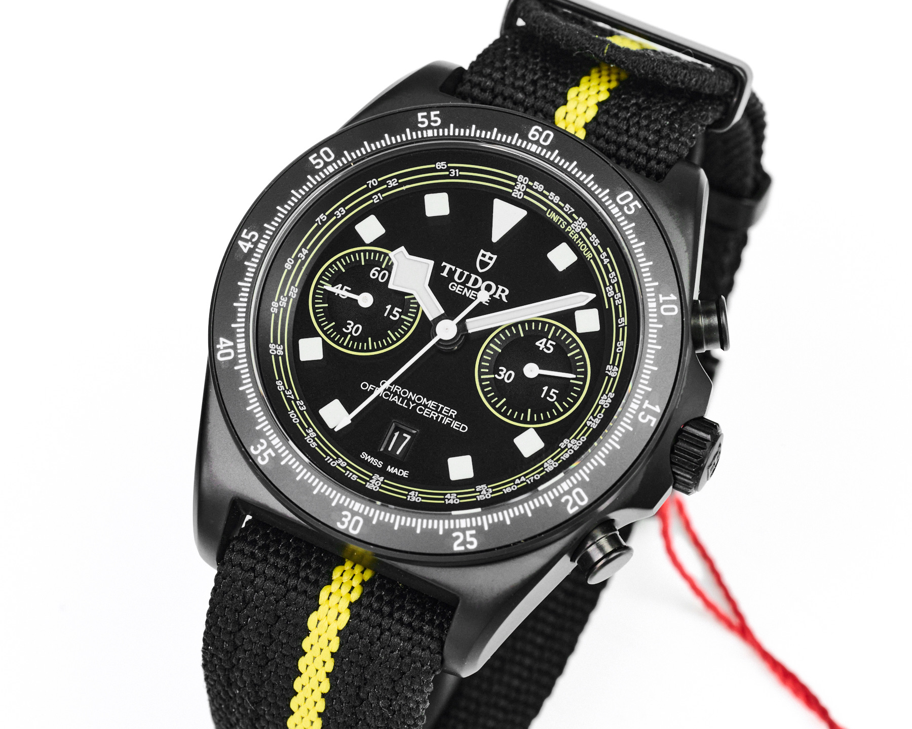 Tudor Heritage Chrono Black black case and bezel, black dial, black fabric strap with yellow stripe 42mm Men's Automatic