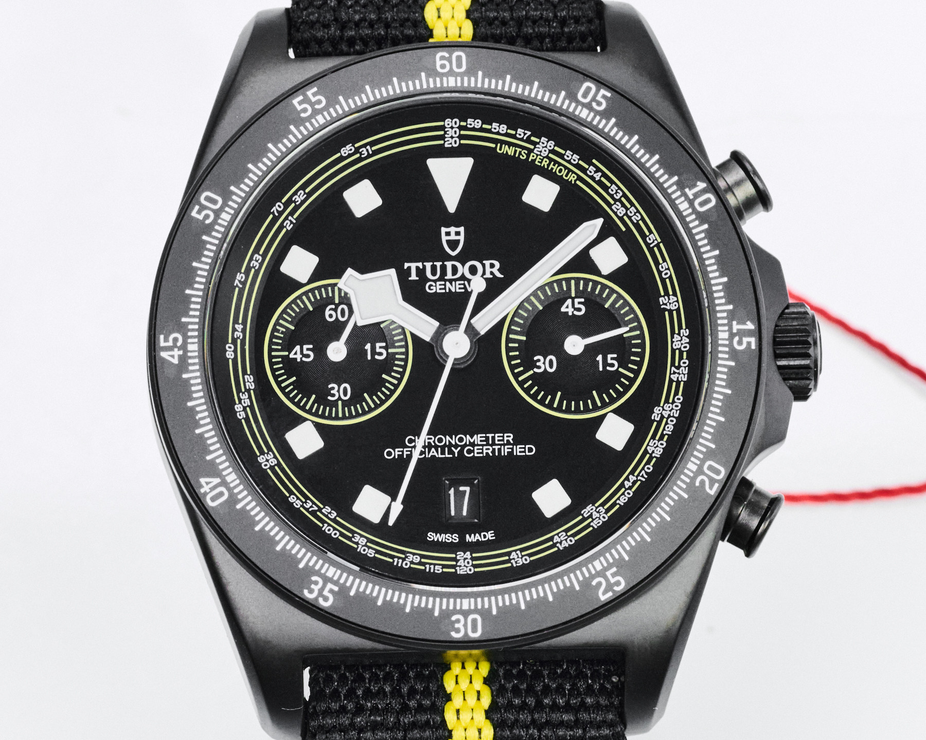 Tudor Heritage Chrono Black black case and bezel, black dial, black fabric strap with yellow stripe 42mm Men's Automatic