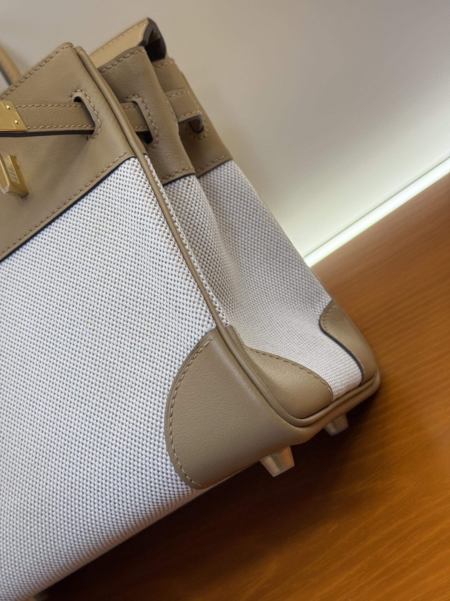 Birkin 25/30cm Pre-Owned Bag, Swift Leather & Canvas, Milk Tea Color, Gold & Silver Hardware 9 i1743579451376 8646 0 8