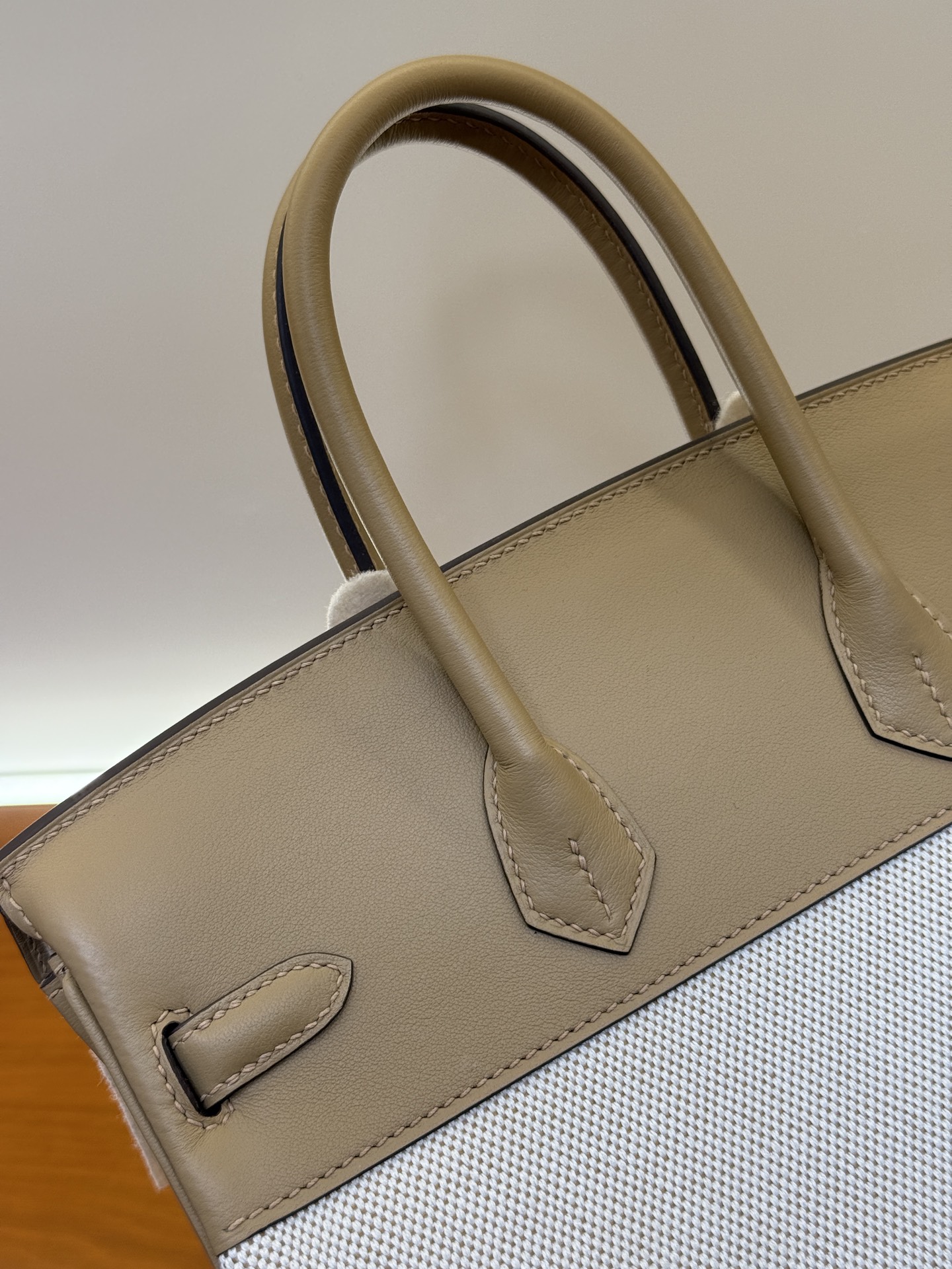 Birkin 25/30cm Pre-Owned Bag, Swift Leather & Canvas, Milk Tea Color, Gold & Silver Hardware 8 i1743579454078 3457 0 7