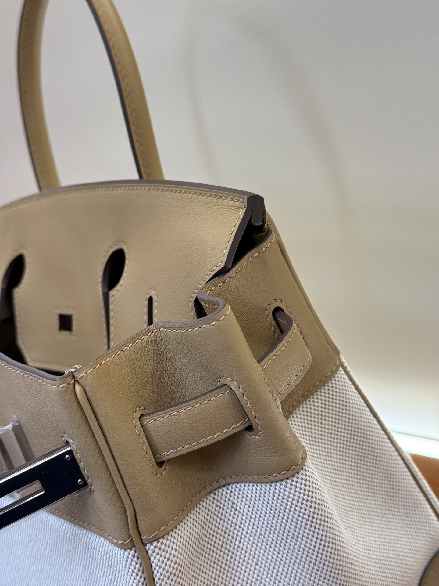 Birkin 25/30cm Pre-Owned Bag, Swift Leather & Canvas, Milk Tea Color, Gold & Silver Hardware 3 i1743579456278 2080 0 2