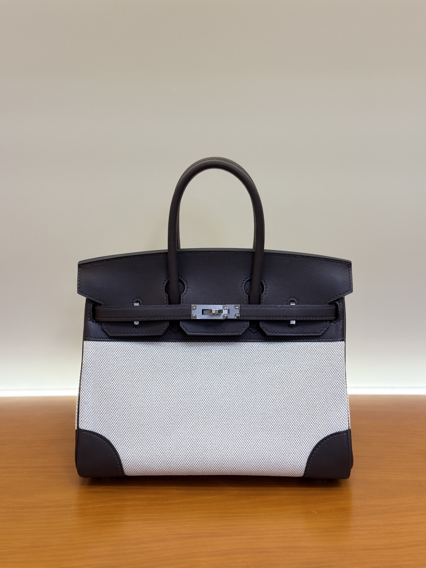 Birkin Style Swift Leather & Canvas Handbag - 25/30cm, Multiple Colors 9 i1749263539515 5441 0 9