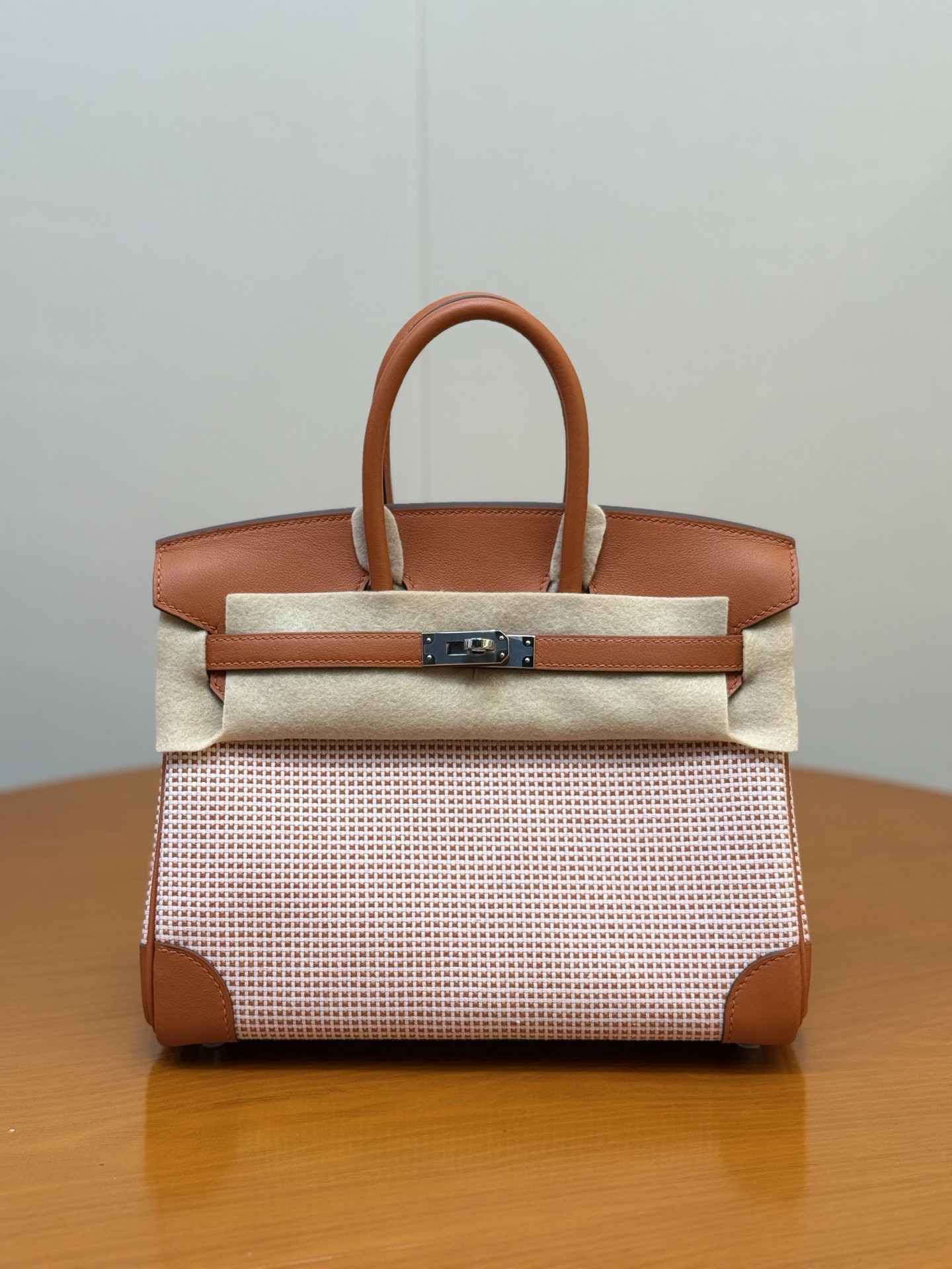 Birkin 25cm Pumpkin Orange Swift Leather & Waffle Canvas Handbag 12 i1753330622337 7459 0 0