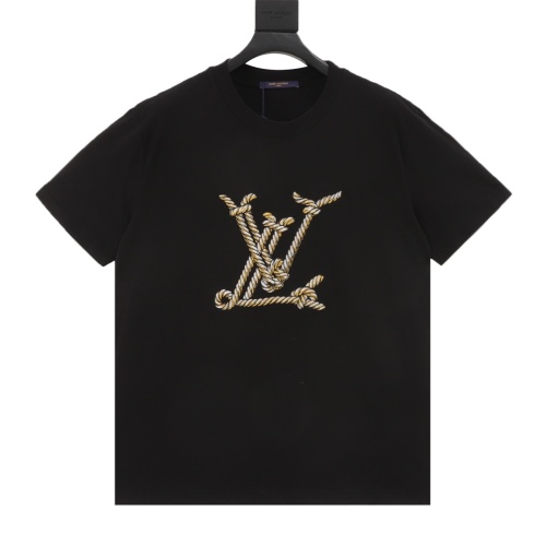 Louis Vuitton Men's Black Cotton T-Shirt with Rope Knot Embroidery Logo 1 Louis Vuitton Men's Black Cotton T-Shirt with Rope Knot Embroidery Logo